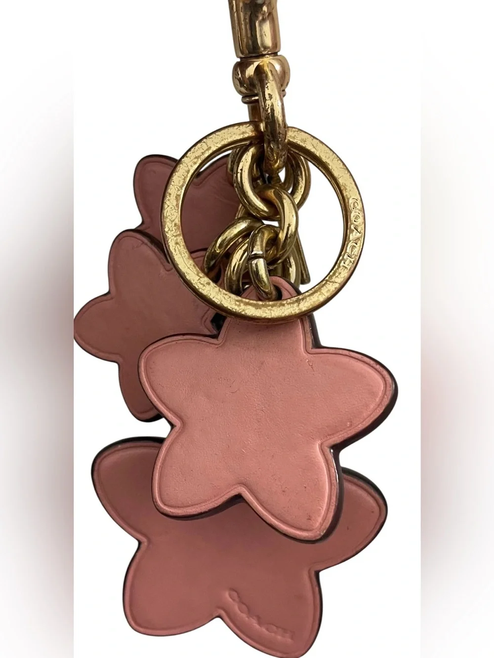 Coach Pink & Metallic Floral Leather Keychain Charm